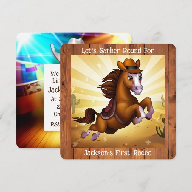 Cute Cowboy Horse First Rodeo Birthday Invitation (Front/Back)