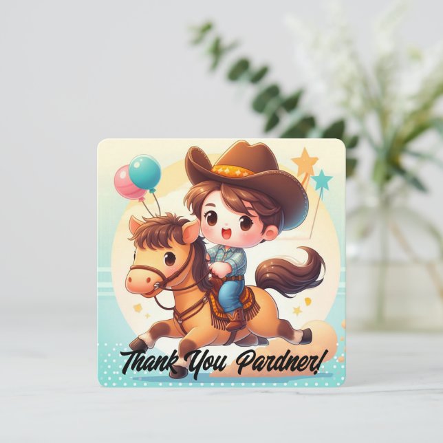 Cute Cowboy & Horse Thank You Birthday Card (Standing Front)