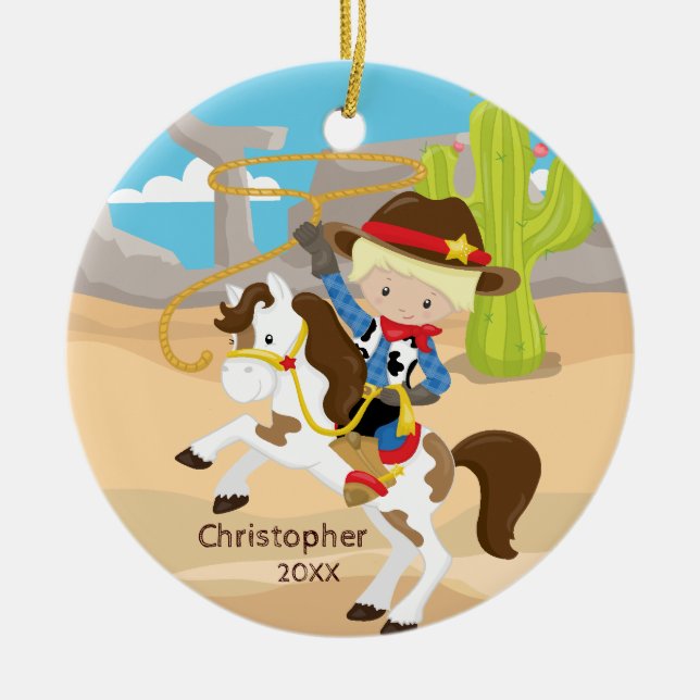 Cute Cowboy Horseback Boy Christmas Ornament (Front)