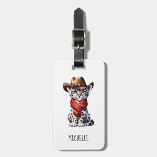 Cute Cowboy Snow Leopard Name Luggage Tag
