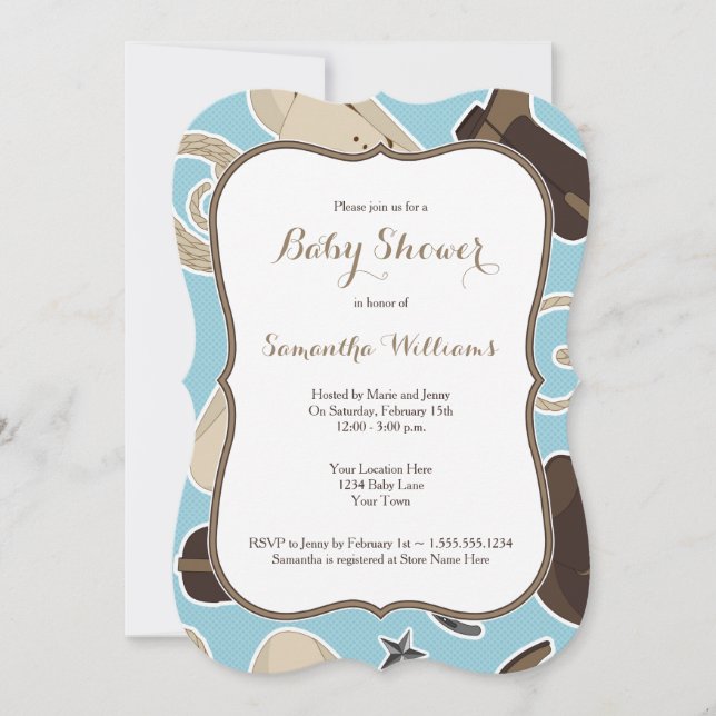 Cute Cowboy Theme Baby Shower Invite Blue Brown (Front)
