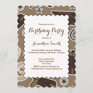 Cute Cowboy Theme Brown Birthday Party Invitation