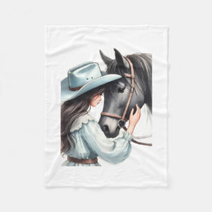 Cute Cowgirl and Black Horse Country Art Fleece Bl Blanket