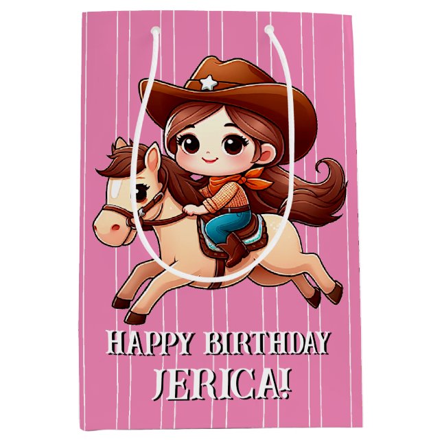 Cute Cowgirl and Horse Western Birthday  Medium Gift Bag (Front)