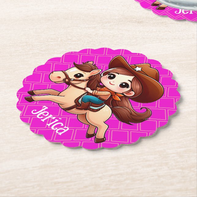 Cute Cowgirl and Horse Western Pink Paper Coaster (Angled)
