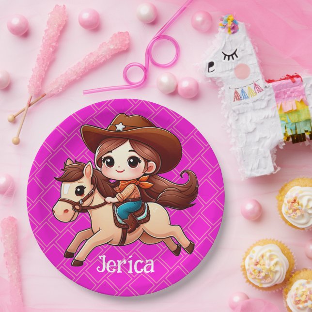 Cute Cowgirl and Horse Western Pink Paper Plate (Party)