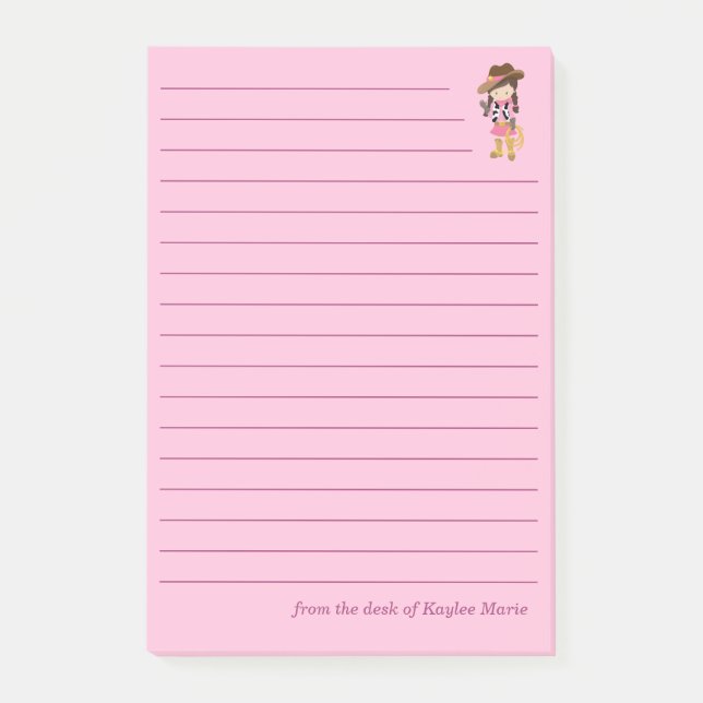 Cute Cowgirl Custom Lined Kids Pink Post-it Notes (Front)