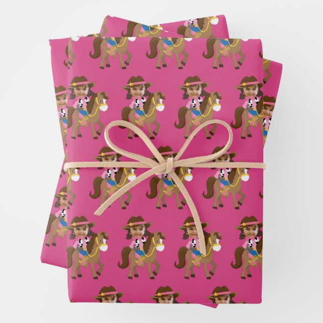 Cute Cowgirl Face Photo Custom Kids Birthday Wrapping Paper Sheet (In situ)