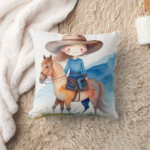 Cute Cowgirl Girl Riding Horse Watercolor Design Cushion