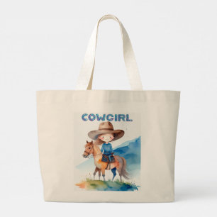 Cute Cowgirl Girl Riding Horse Watercolor Design Large Tote Bag