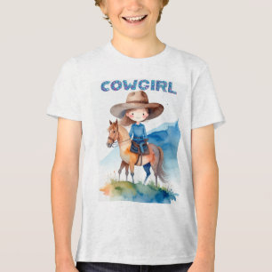 Cute Cowgirl Girl Riding Horse Watercolor Design Tri-Blend Shirt