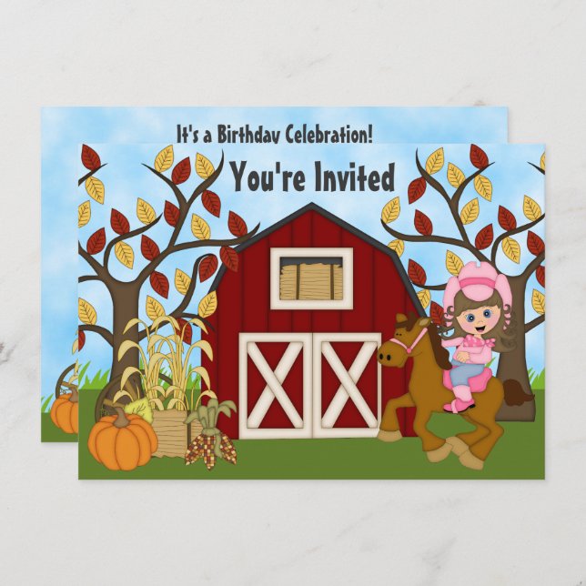 Cute Cowgirl, Horse and Barn Autumn Horse Birthday Invitation (Front/Back)