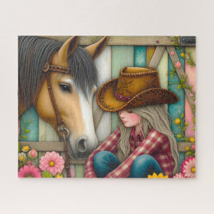Cute Cowgirl Horse Flowers Jigsaw Puzzle