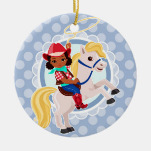 Cute Cowgirl Horse - Rodeo African American Girl Ceramic Tree Decoration