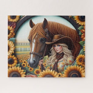 Cute Cowgirl Horse Sunflower Jigsaw Puzzle