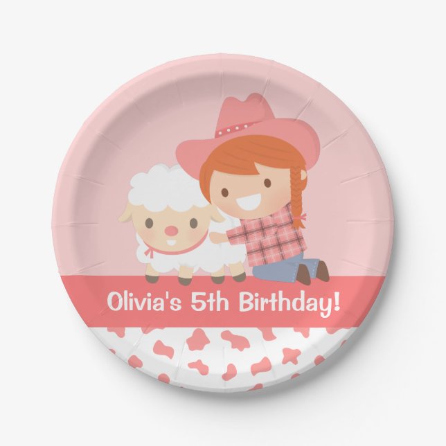 Cute Cowgirl Hugs Lamb Girls Birthday Party Paper Plate (Front)