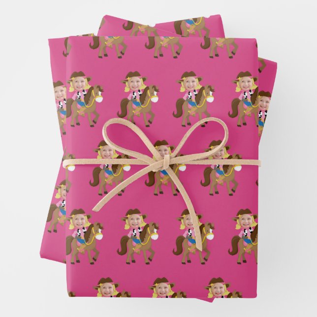 Cute Cowgirl Kids Birthday Custom Girls Photo Wrapping Paper Sheet (In situ)