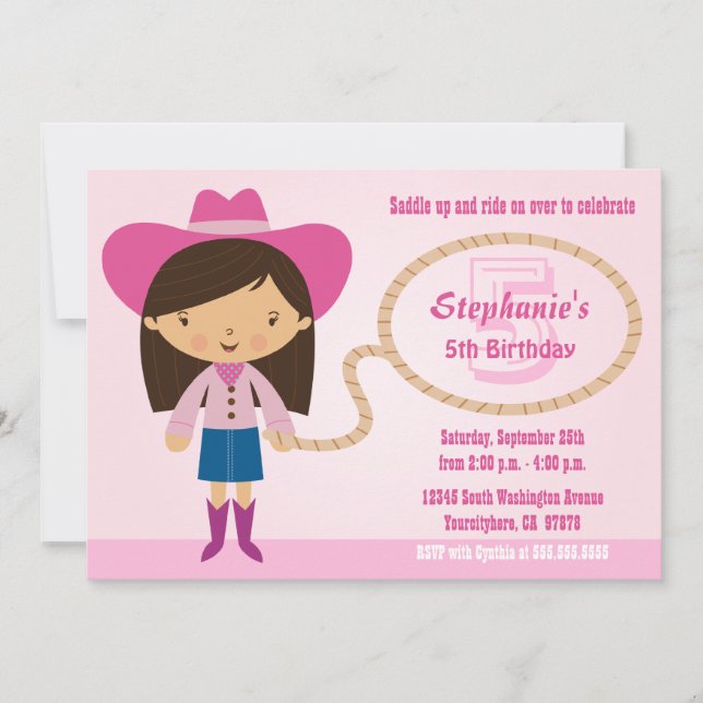 Cute cowgirl lasso girl's birthday party invite (Front)