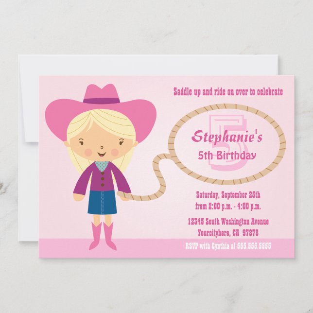 Cute cowgirl lasso girl's birthday party invite (Front)