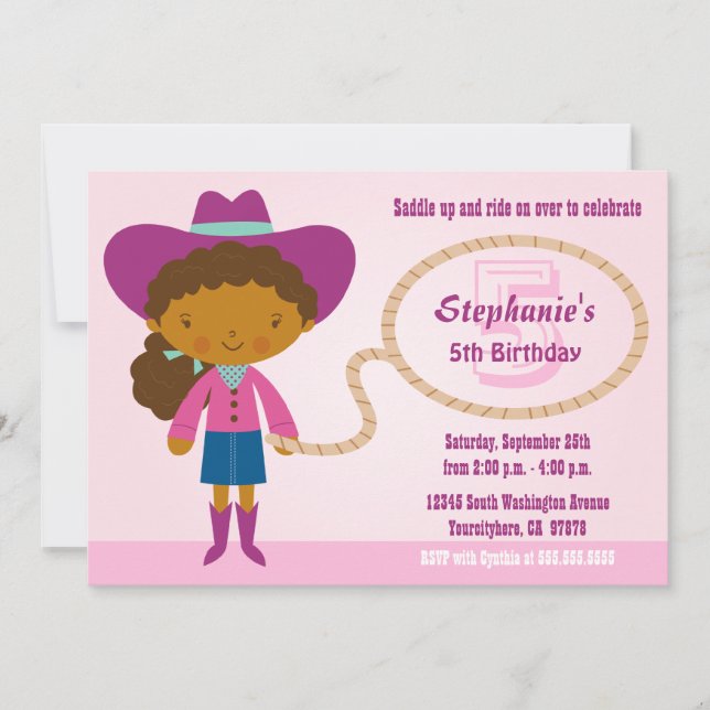 Cute cowgirl lasso girl's birthday party invite (Front)