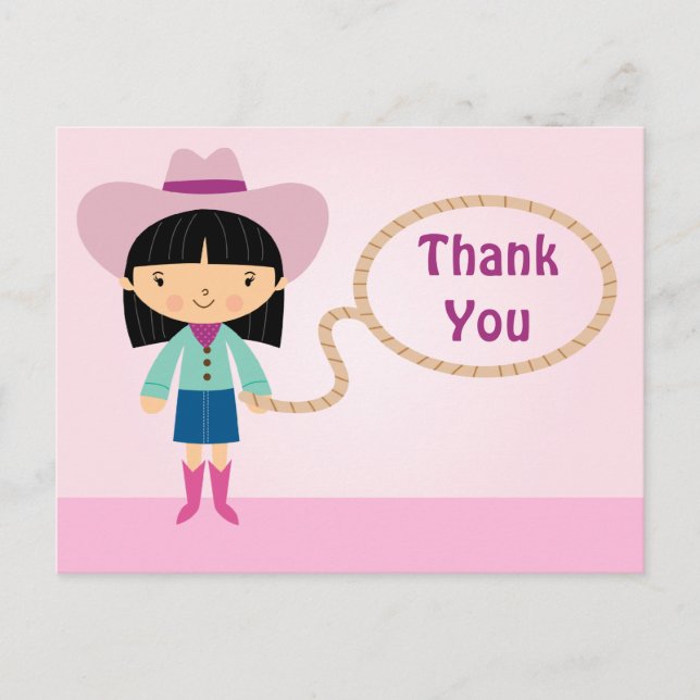 Cute cowgirl lasso girl's thank you postcard (Front)