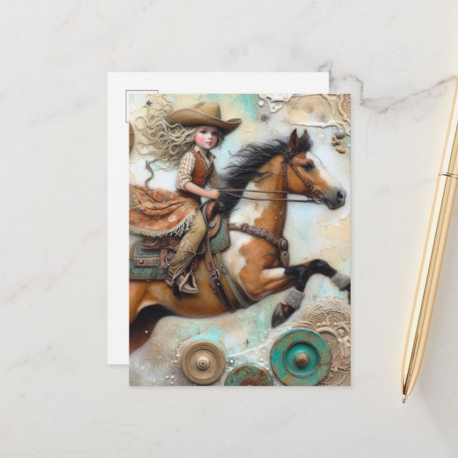 Cute Cowgirl on a Pinto Horse Postcard (Front/Back In Situ)