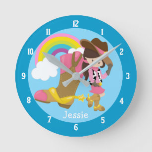 Cute Cowgirl Personalised Blue Kids Room Round Clock