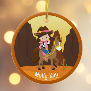 Cute Cowgirl Personalised Kids Name Christmas Ceramic Tree Decoration