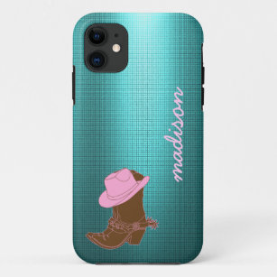 Cute Cowgirl phone; boot w/ hat on Aqua, add name Case-Mate iPhone Case