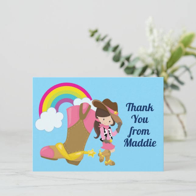 Cute Cowgirl Rainbow Country Western Girl Custom Thank You Card (Standing Front)