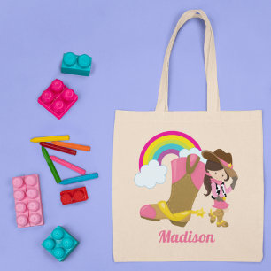 Cute Cowgirl Rainbow Personalised Pink Rodeo Girl Tote Bag