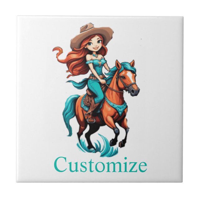 Cute Cowgirl Riding Pony Thunder_Cove Tile (Front)
