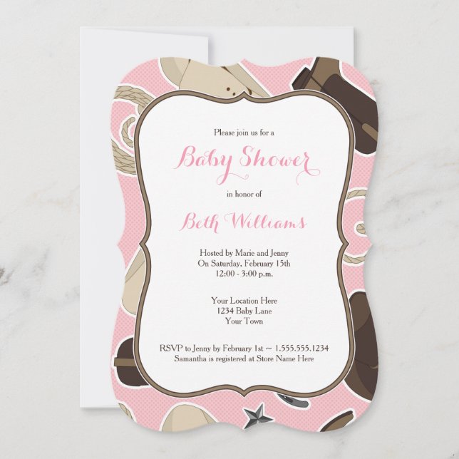 Cute Cowgirl Theme Baby Shower Invite Pink Brown (Front)