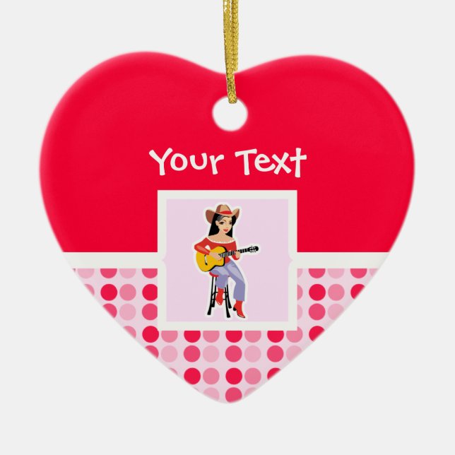 Cute Cowgirl with Guitar Ceramic Tree Decoration (Front)