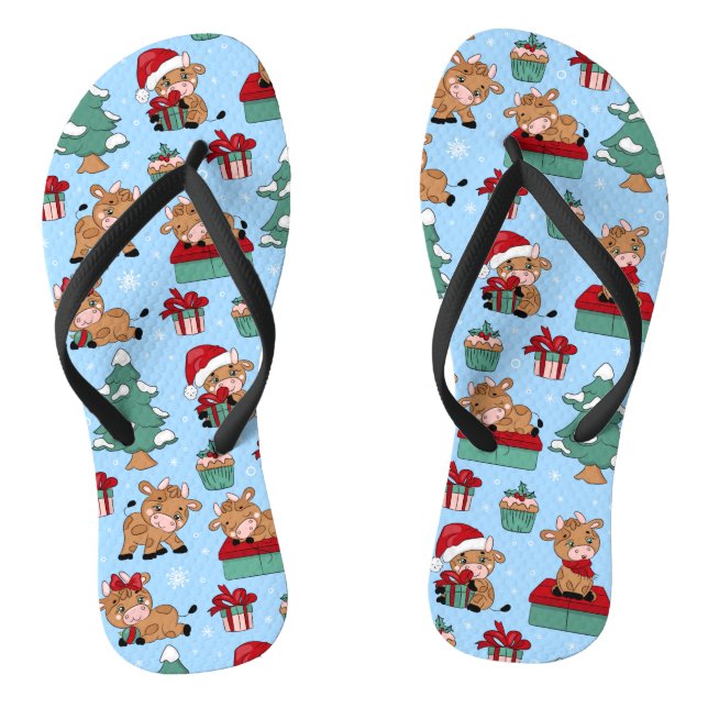 Cute Cows Christmas Holidays Farm Modern Pattern Flip Flops (Footbed)