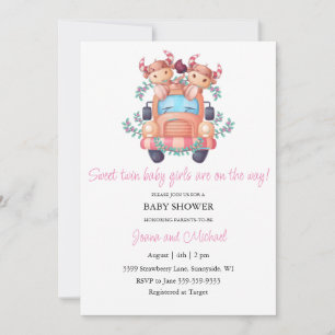 Cute Cows Pink Car Twin Girls Baby Shower Invitation