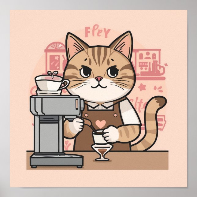 Cute Cozy Cartoon Barista Cat Poster (Front)