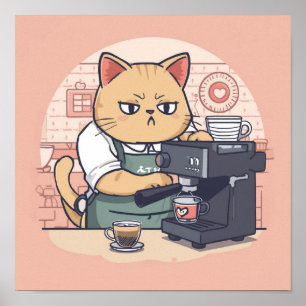 Cute Cozy Cartoon Barista Cat Poster