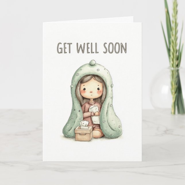 Cute Cozy Girl Under Blanket Get Well Soon Card (Front)