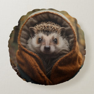 Cute Cozy Hedgehog Autumn Season Round Cushion