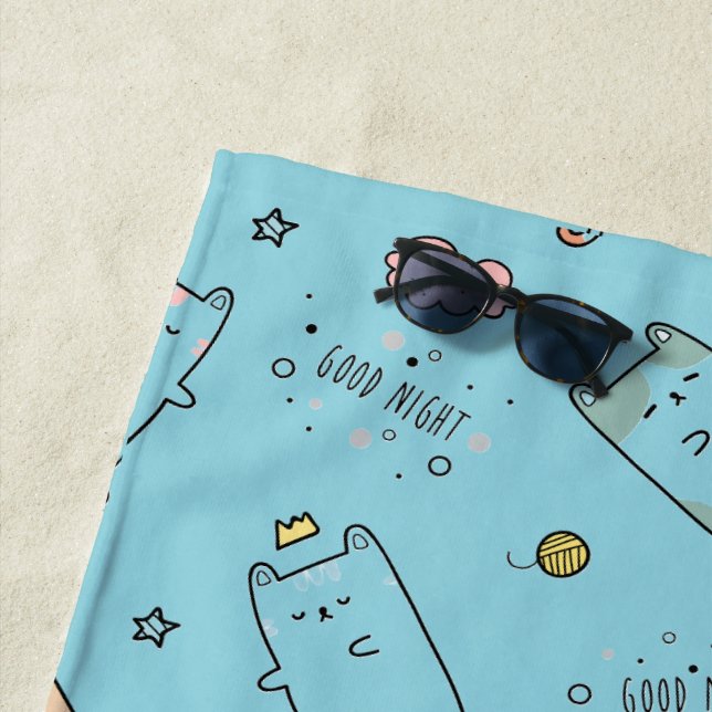 Cute & Cozy Sleepy Cat Dreams Pattern Beach Towel (In Situ)
