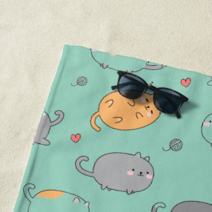 Cute & Cozy Sleepy Cat Dreams Pattern Beach Towel