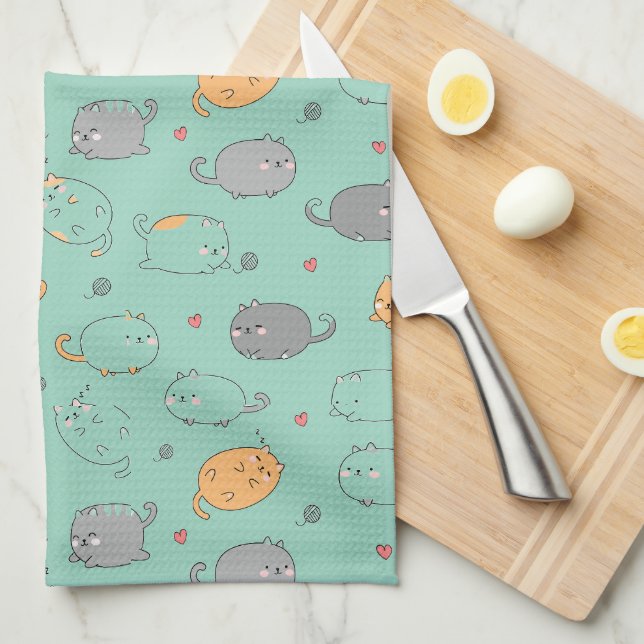 Cute & Cozy Sleepy Cat Dreams Pattern Tea Towel (Quarter Fold)