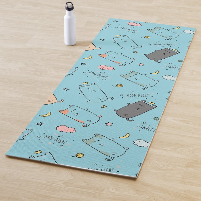 Cute & Cozy Sleepy Cat Dreams Pattern Yoga Mat (In Situ)