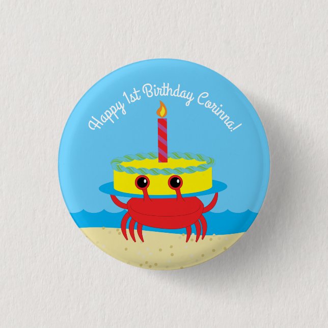 Cute Crab Beach 1st Birthday Party 3 Cm Round Badge (Front)