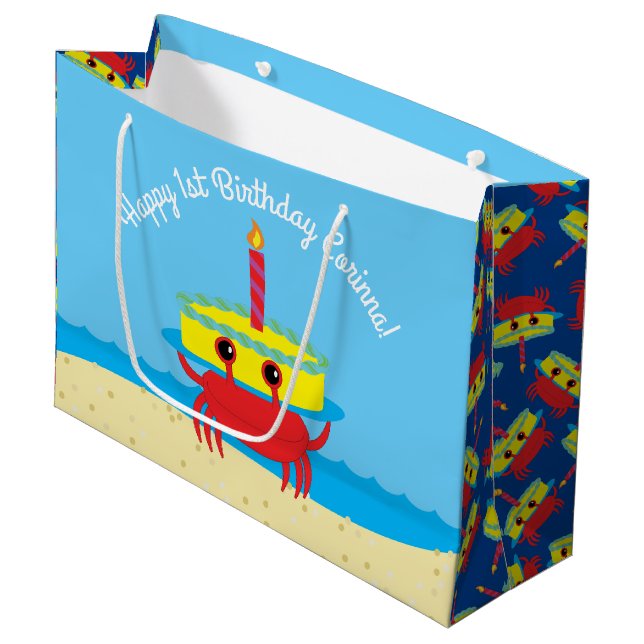 Cute Crab Beach 1st Birthday Party Large Gift Bag (Front Angled)