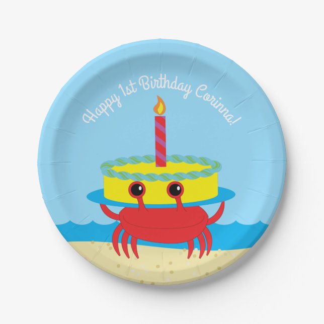 Cute Crab Beach 1st Birthday Party Paper Plate (Front)