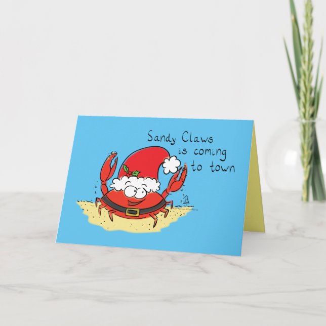 Cute Crab Christmas Funny Holiday Santa Cartoon Card (Front)
