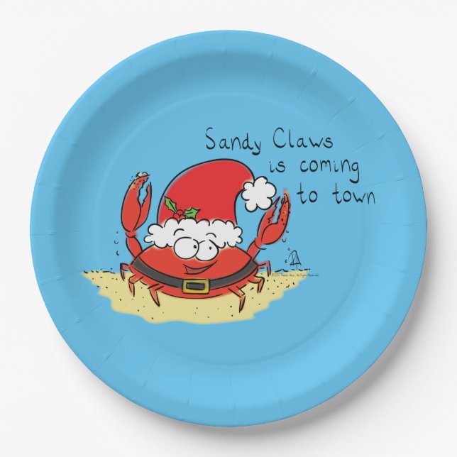 Cute Crab Christmas Funny Holiday Santa Cartoon Paper Plate (Front)