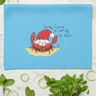 Cute Crab Christmas Funny Holiday Santa Cartoon Tea Towel